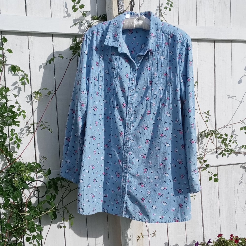 Woman Within Flannel Button Down Blouse, Sz 18/20 Large, Beautiful Blue Print